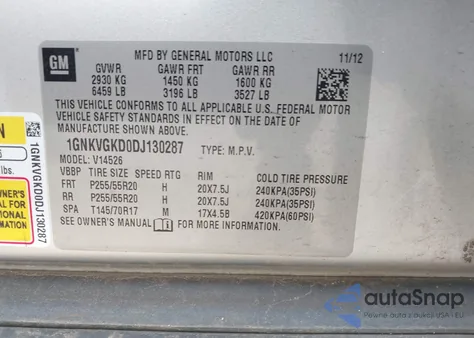 2013 Chevrolet Traverse 1Lt from USA, damaged, VIN 1GNKVGKD0DJ130287